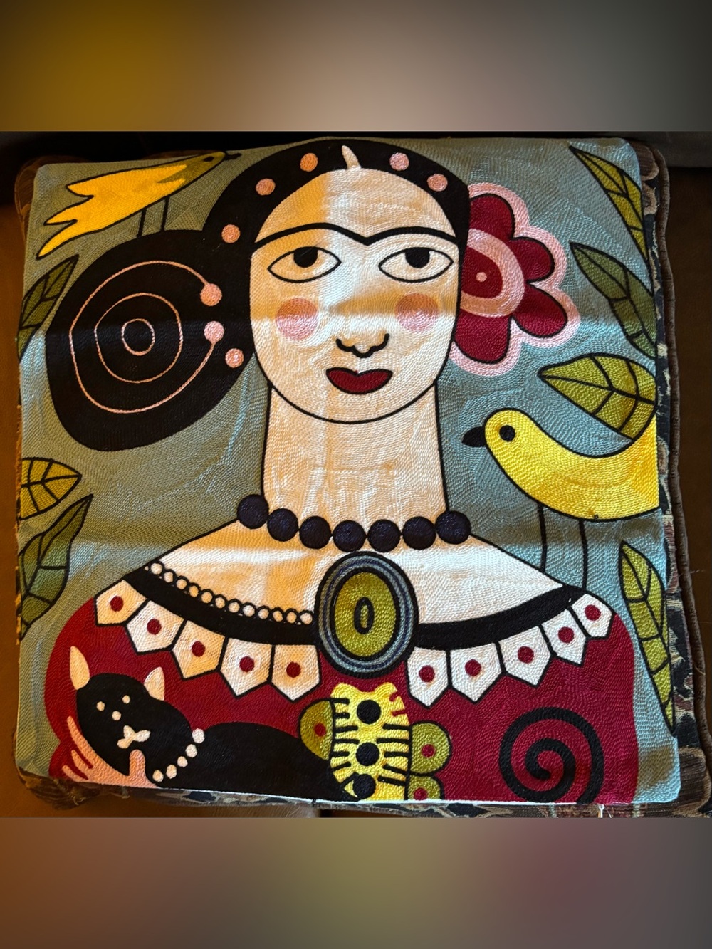 Frida with Black Cat Embroidered Pillow Cover